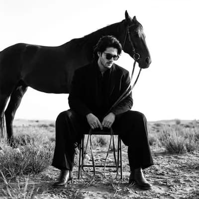 Cinematic monochrome Gemini prompt for man on stool with black horse in open landscape