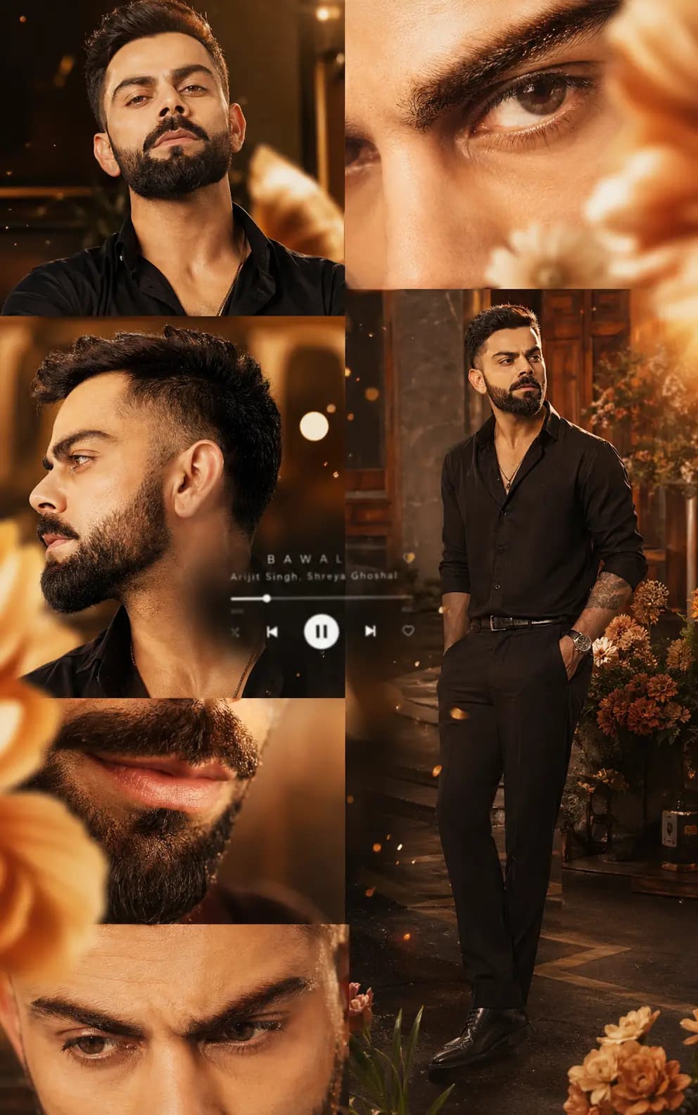 Warm cinematic editorial collage portrait inspired by stylish Virat Kohli lookalike aesthetic