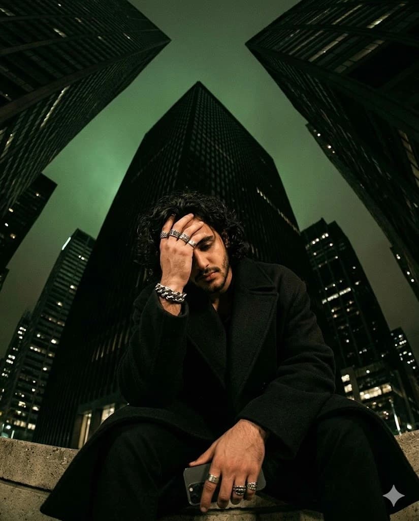 Low-angle cinematic noir portrait with skyscrapers and green night sky tone