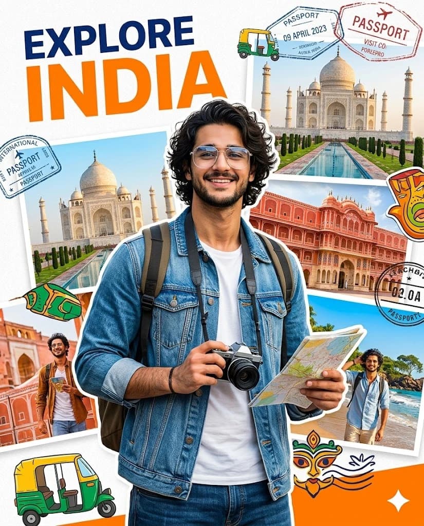 Stylish travel poster collage featuring international tourist exploring India