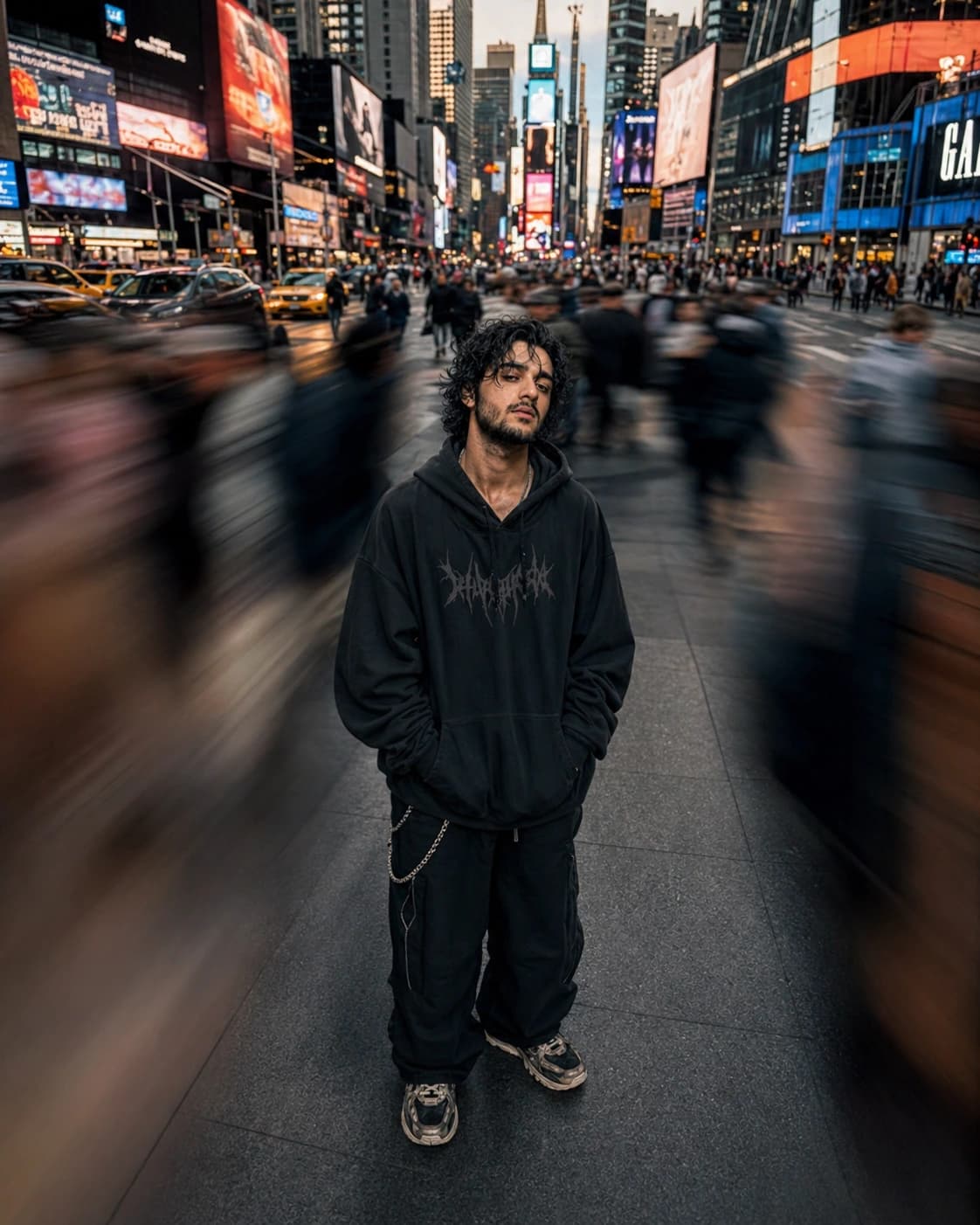 Cinematic streetwear portrait in motion-blurred New York crowd with sharp subject focus