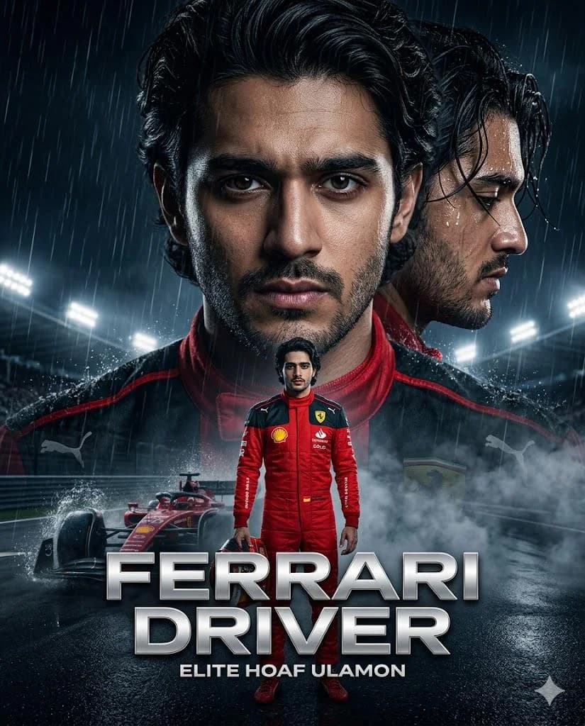 Ultra realistic Ferrari Formula 1 championship poster with cinematic rain lighting