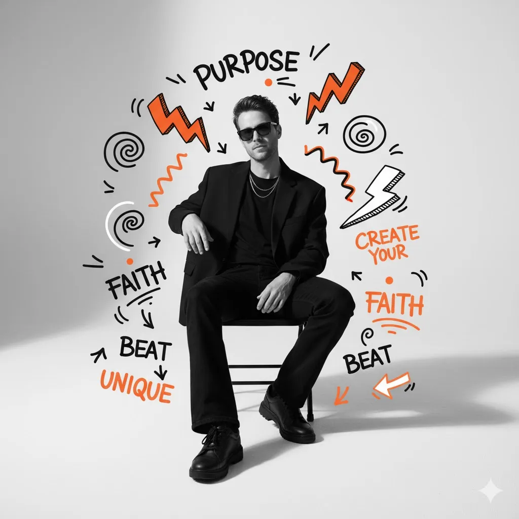 Black and white studio fashion portrait with graffiti doodles and motivational text