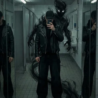 Photorealistic mirror selfie in black streetwear with supernatural shadow entity and glowing eyes