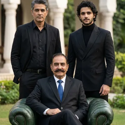 Ultra-realistic cinematic royal family portrait of three Indian men in palace-style garden