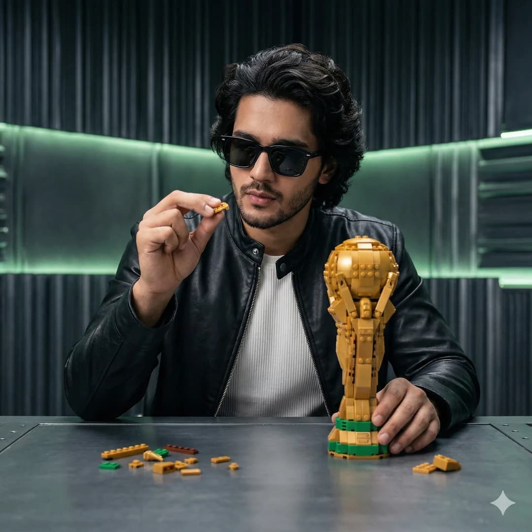 Hyper-realistic medium shot of man in leather jacket examining LEGO piece in futuristic room