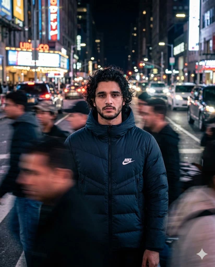 Raw street long-exposure portrait of man with identity-preserved face and motion-blurred crowd