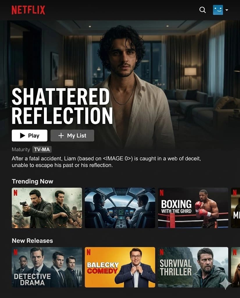 Netflix homepage UI concept using uploaded male identity as hero film visual