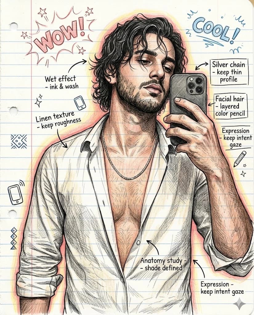 Hand-drawn sketchbook style portrait on lined notepad paper with doodles and design notes