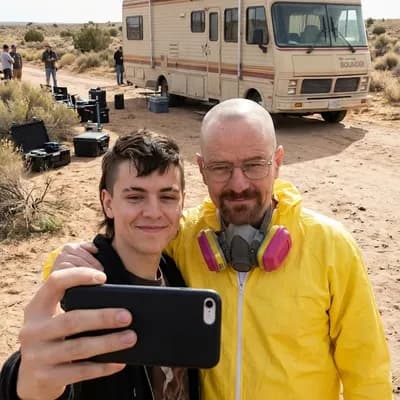 Gemini AI image prompt: Breaking Bad behind-the-scenes selfie with Walter White in desert setting