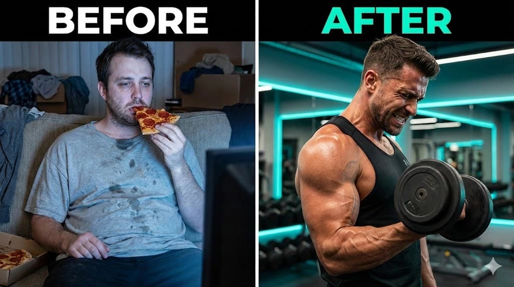 Fitness transformation YouTube thumbnail – before and after comparison, 1280x720, generated with ImagineArt, Inc