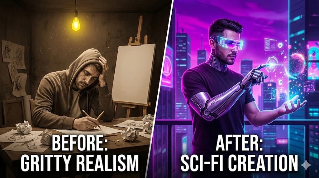 Graphic designer transformation YouTube thumbnail – cyberpunk style, 1280x720, generated with ImagineArt, Inc