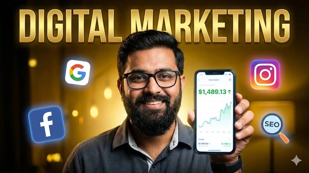 Digital marketing earnings YouTube thumbnail – South Asian man with smartphone, 1280x720, generated with ImagineArt, Inc