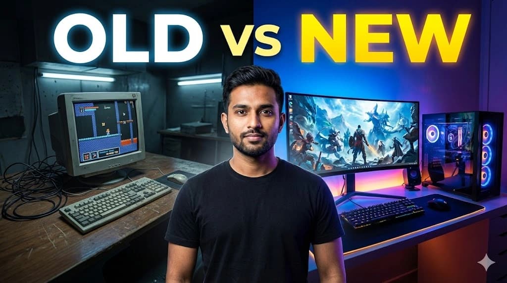Old vs new gaming setup YouTube thumbnail – comparison style, 1280x720, generated with ImagineArt, Inc