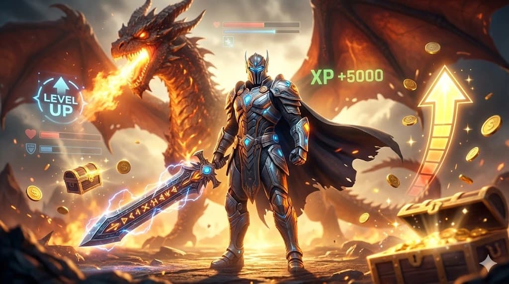 Legendary warrior gaming victory YouTube thumbnail – dragon and loot, 1280x720, generated with ImagineArt, Inc