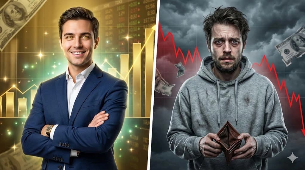 Rich vs broke stock trader YouTube thumbnail – split contrast, 1280x720, generated with ImagineArt, Inc