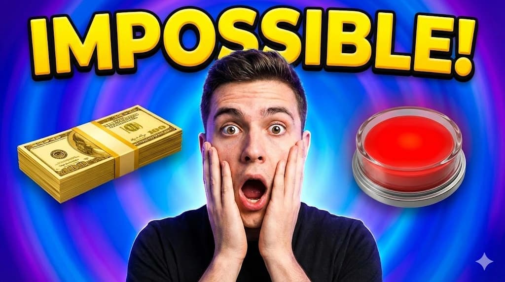 Impossible button challenge YouTube thumbnail – cash and red button, 1280x720, generated with ImagineArt, Inc