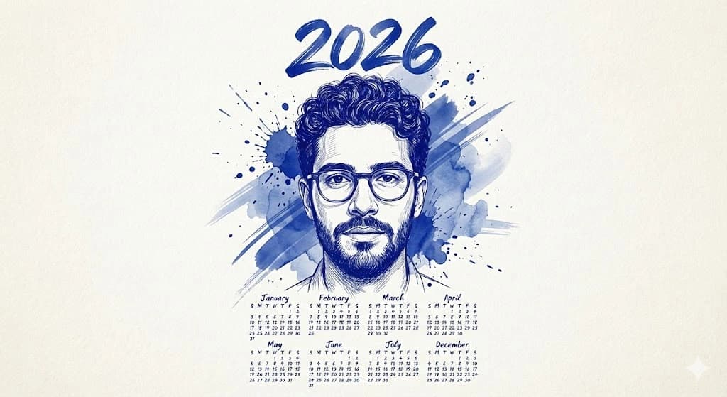 Gemini AI image prompt: Blue pen sketch portrait, artistic illustration, 2026 calendar design, watercolor effects, premium print-quality artwork
