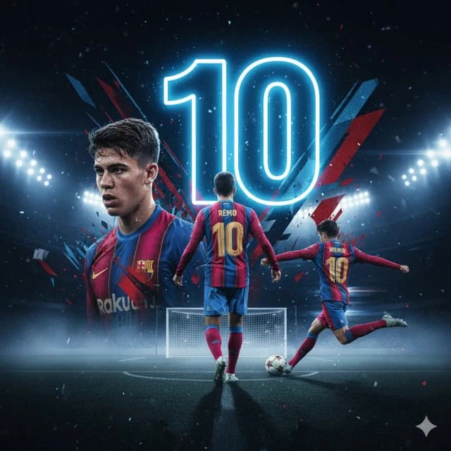 Gemini AI image prompt: FC Barcelona sports graphic wallpaper, layered composite design, soccer player action shots, cinematic 4K digital art