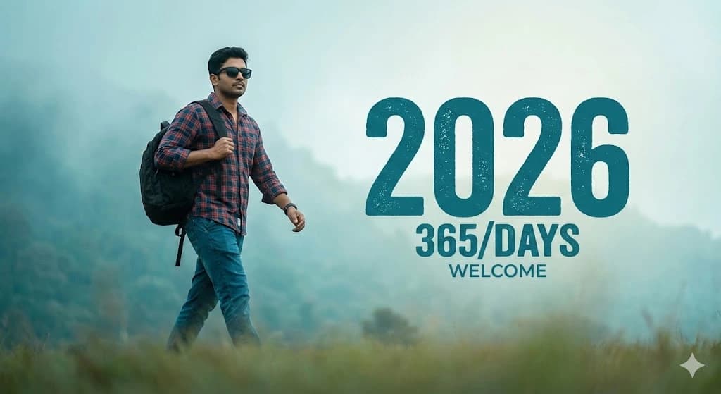 Gemini AI photo prompt: 2026 New Year portrait, cinematic text overlay, ethereal landscape background, 8K resolution, New Year greeting design